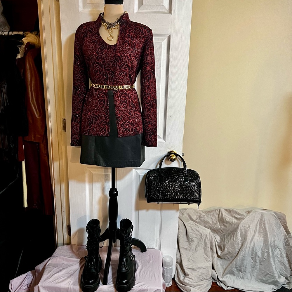 Vintage ONYX NITE Women’s Twinset Cardigan Rose Print‎ Mesh Glitter Sparkly M